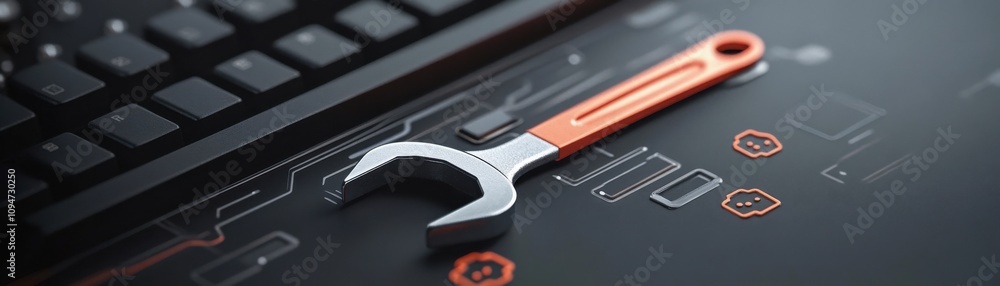 Poster a close-up of a wrench on a circuit board background, blending mechanical tools and technology theme