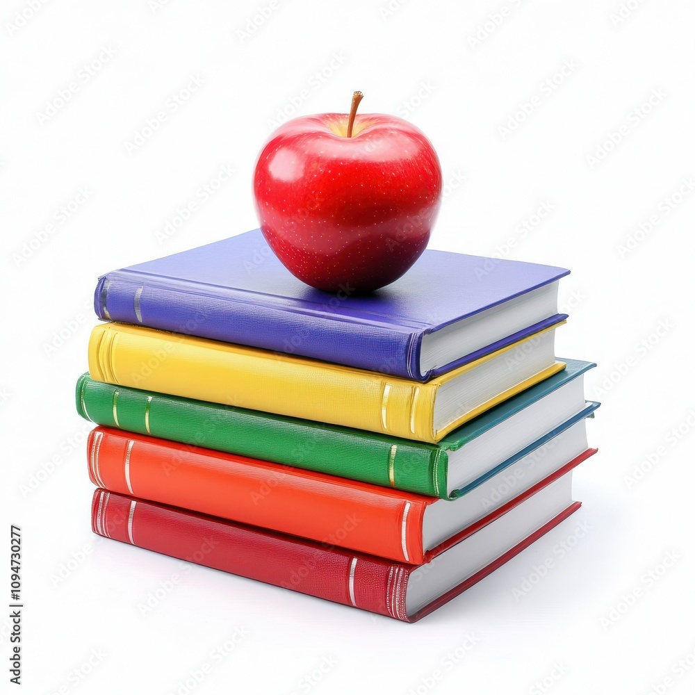 Poster stack colorful books with red apple isolated on white background