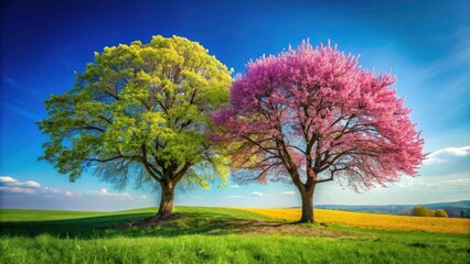 Fototapeta premium Duality in Nature: A Striking Architectural Photography of Contrasting Trees Representing Life and Barreness