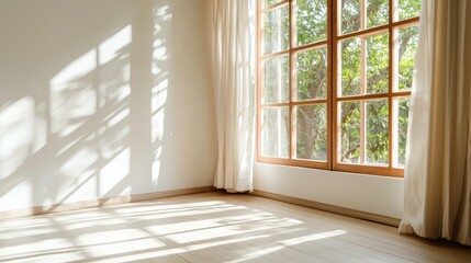 Obraz premium Bright and Airy Room with Large Window and Natural Light Streaming Through Sheer Curtains Illuminating the Floor and Walls, Creating a Calm and Inviting Atmosphere