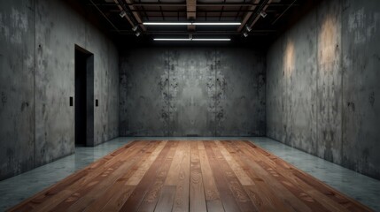 Minimalist Interior Space with Raw Concrete Walls and Warm Wood Flooring