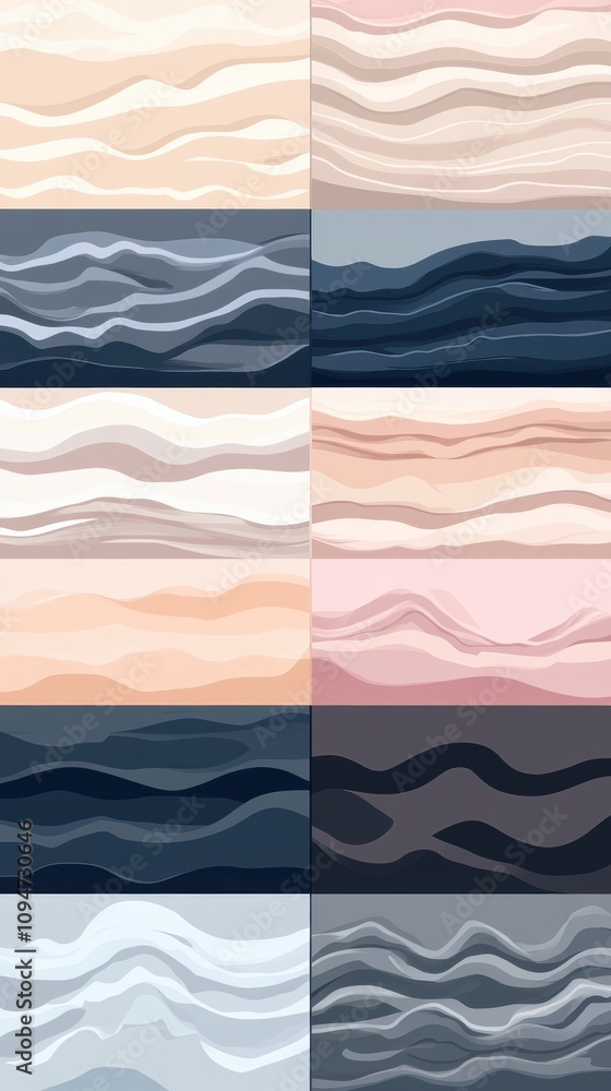 Poster abstract wave patterns in soft pastel and dark tones create a soothing visual effect, ai