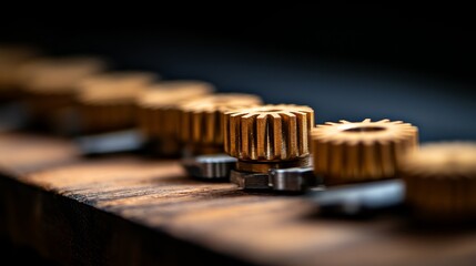 Close-up of a Row of Worn Brass Gears on a Rusty Surface