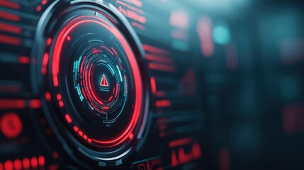 Obraz premium Monitoring anti tracking concept. A futuristic control interface featuring intricate red and black designs, highlighting a central warning symbol.