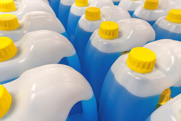 Plastic canisters with blue liquid for windshield washer fluid