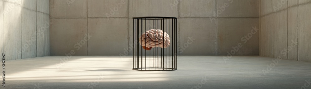 Poster a surreal image of a cage in an empty room, showcasing a mysterious, floating sphere illuminated by 