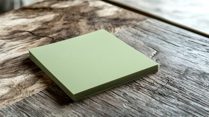 Fototapeta premium Minimalist green sticky note resting on rustic wooden surface, surrounded by natural textures in bright, soft lighting for creative or office environments
