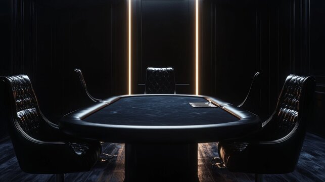 sophisticated dimly lit casino opulent poker table awaits players accompanied plush chairs enhance aura mystery and allure