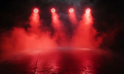 Fototapeta premium Free stage with lights and smoke, Empty stage with red spotlights, conser, show, party, Presentation concept. Red spotlight strike on black background 