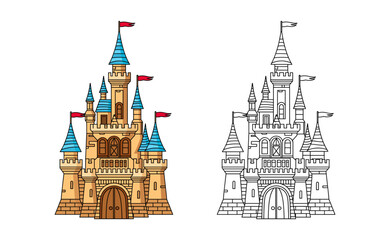 Fantasy Castle cartoon line art coloring pages book for kids vector illustration