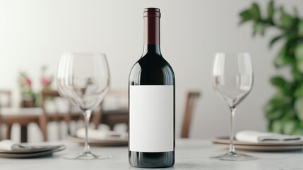 Elegant wine bottle mock-up concept. Wine bottle on a table surrounded by elegant glassware