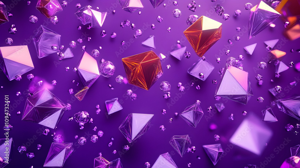 Poster a purple background with many 3d geometry objects scattered throughout. the objects are of different