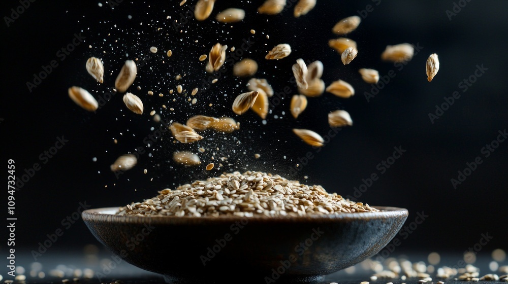 Poster oats are suspended mid air creating stunning visual effect dark background. grains splash and float 