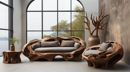 Unique tree-root loveseat sofa placed by a window. Handcrafted elegance meets minimalist interior design.