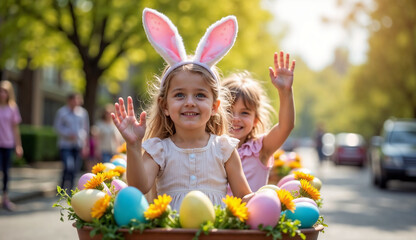 Joyful children wearing bunny ears in an Easter parade, waving among colorful eggs and flowers