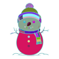 An snowman has a green head with a blue and purple hat. The hat has a purple pom-pom on it. There is a blue scarf around the neck of the snowman's neck.