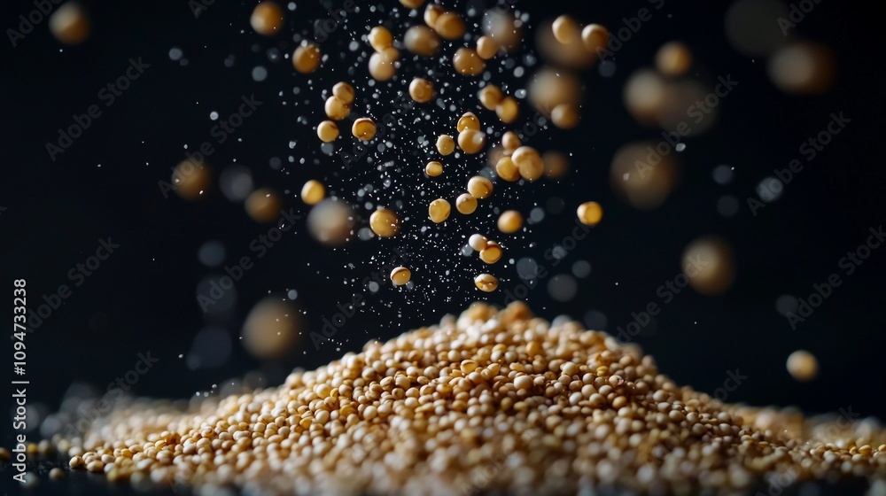 Poster quinoa groats float individually dark backdrop emphasizing their distinct shape and texture creative
