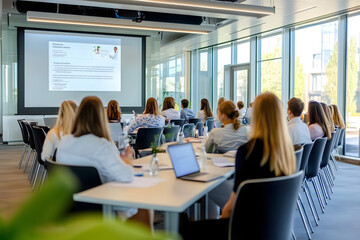 A modern corporate training session with young adults in a bright, glass-walled conference room