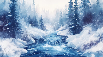 Watercolor illustration, a view of flowing water in a river in a winter snow-covered forest