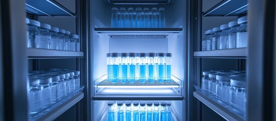 Laboratory Refrigerated Storage of Blue Liquid Samples