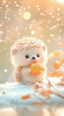 Obraz premium Adorable hedgehog holding a glowing orb in a dreamy, snowy landscape, AI