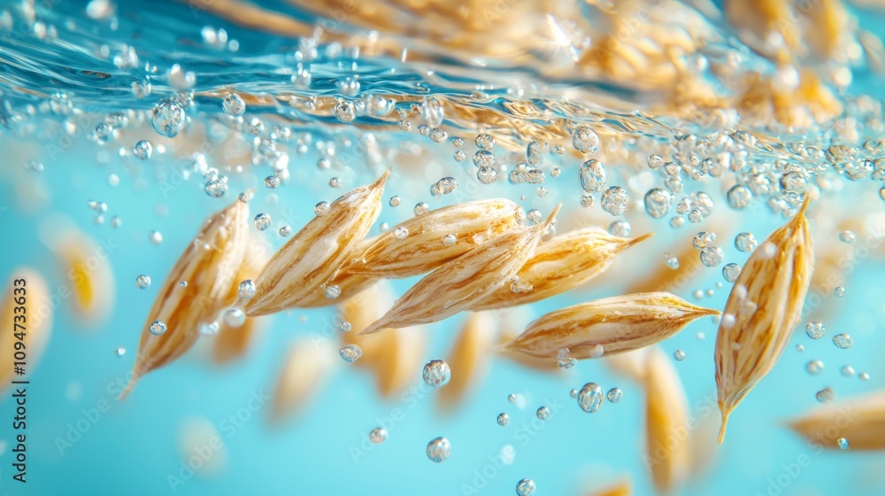Poster rye groats float seamlessly water surrounded bubbles and vibrant reflections. visually striking pres