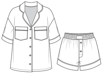 womens resort pajama set short sleeve button down shirt and shorts flat sketch vector illustration technical cad drawing template