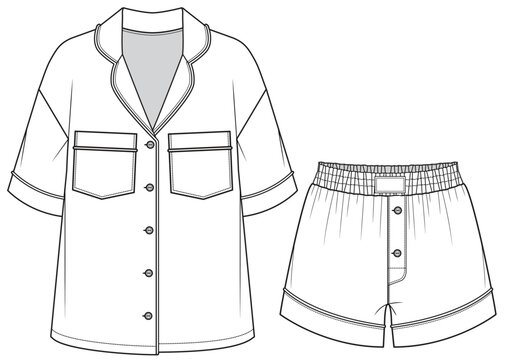 womens resort pajama set short sleeve button down shirt and shorts flat sketch vector illustration technical cad drawing template