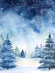 Watercolor illustration of a pine trees forest in the blue night
