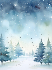 Watercolor illustration of a pine trees forest in the blue night
