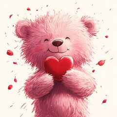 Fluffy pink bear holds a red heart in its paws
