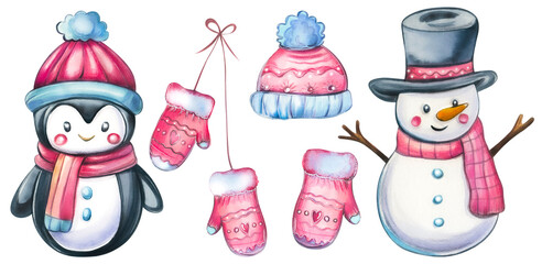 Christmas watercolor set. Isolated on white background. Christmas symbols and objects snowman, penguin, red cap, mitten.Cute kids design in cartoon style