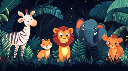 Fototapeta premium Cute African animals in a jungle at night.