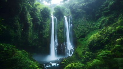 Lush green jungle waterfall cascading down mossy cliffs.
