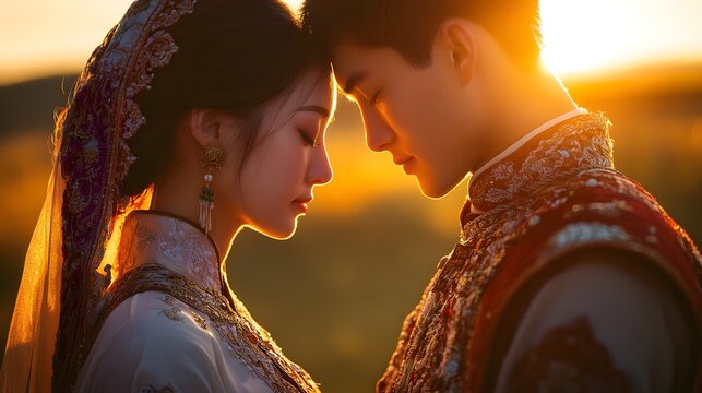 Mongoloid bride and groom standing together under the warm, golden glow of the setting sun. Their heads are gently bowed toward each other