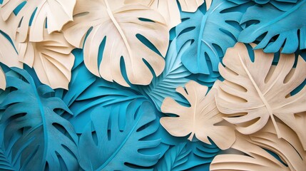 Tropical Paradise: Blue and Beige Monstera Leaf Collage