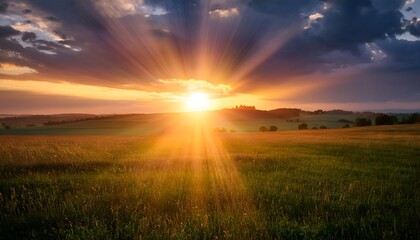 Obraz premium Beautiful sunset background landscape filled with sunrays.