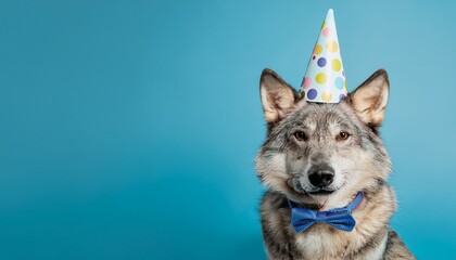 Creative animal concept. Wolf in party cone hat necklace bowtie outfit isolated on solid pastel background advertisement, copy text space. birthday party invite invitation