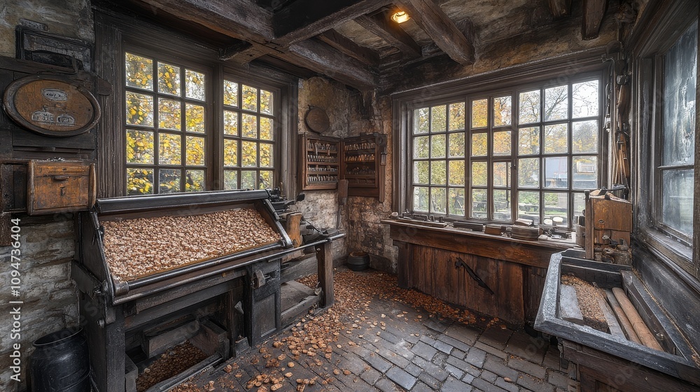 Poster an interior view of a rustic wooden workshop with tools and windows