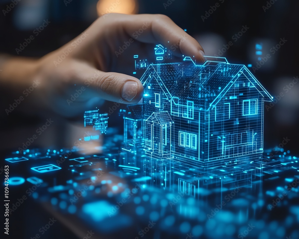 Poster business leader introducing futuristic real estate solutions with virtual home holograms, iot interf