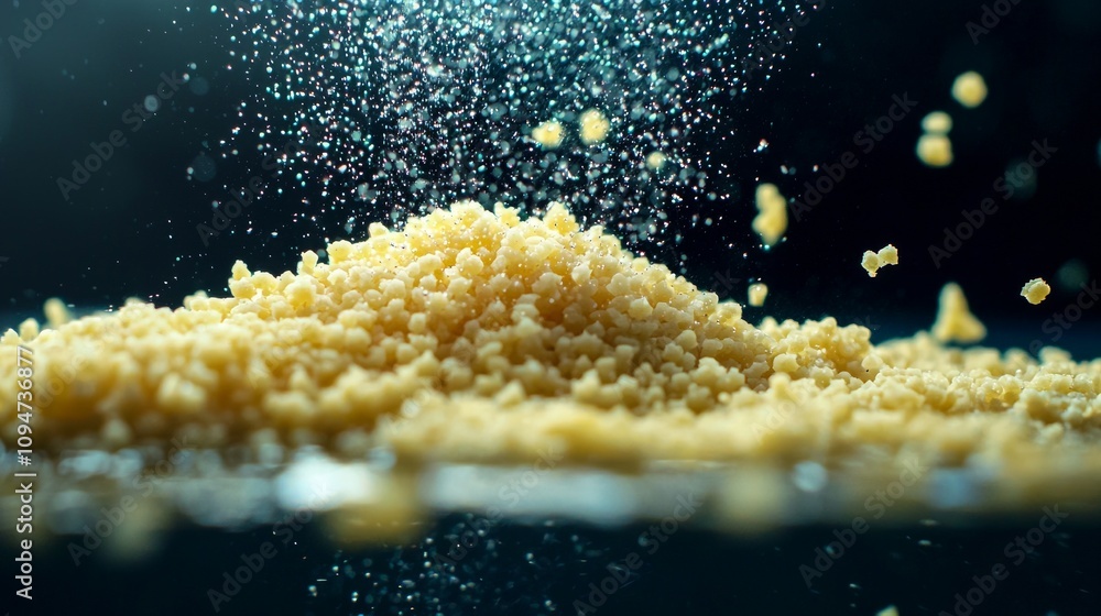 Poster couscous grains levitate separately water highlighted dark backdrop demonstrating their unique shape