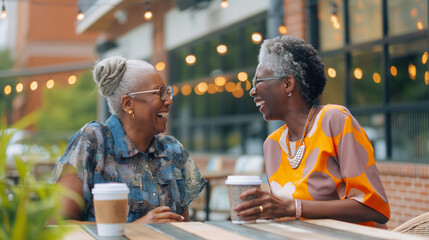 Two mature African American women share joyful moment over coffee at an outdoor table, laughing and engaging in friendly conversation under string lights on a sunny afternoon in cafe