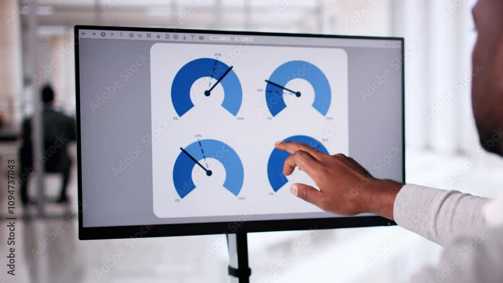 Poster african american man analyzing financial data on computer screen