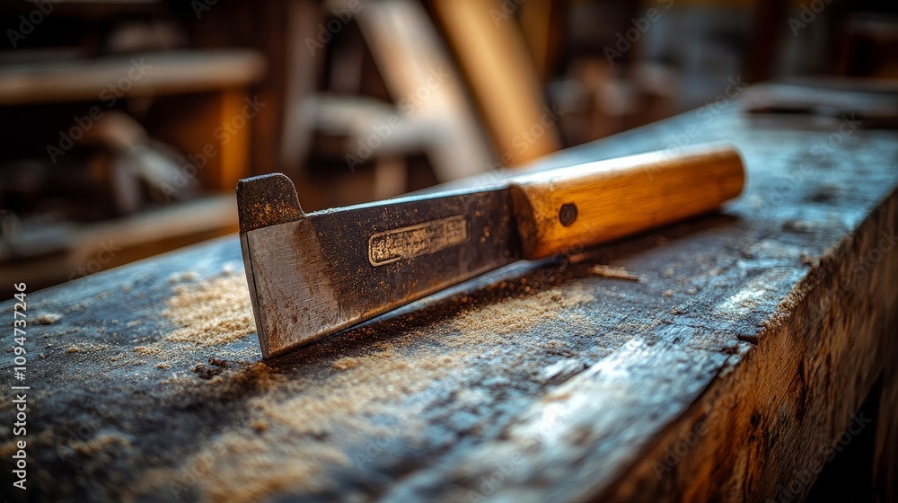 Poster a rusty hand tool with a wooden handle on a workbench