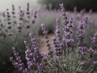 Obraz premium A close-up of a lavender field bathed in soft, dreamy light. The lavender blooms stand out against a pastel sunset background, creating a tranquil and serene atmosphere