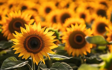 Fototapeta premium Vibrant sunflowers in a vast field, bathed in sunlight.