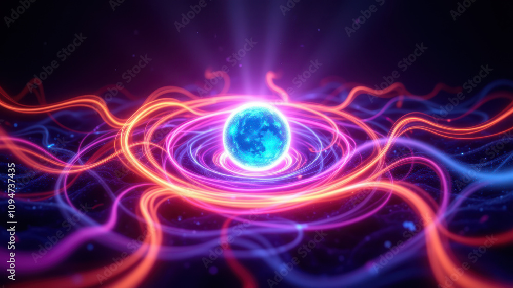 Poster abstract high-tech background with a central sphere surrounded by swirling lines of light.