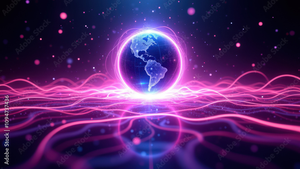Aufkleber this image features a futuristic and abstract design with vibrant hues, featuring a stylized earth a