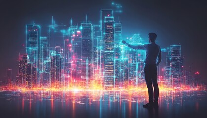 Cuttingedge real estate visionary interacting with holographic homes, advanced smart tech, and a futuristic city backdrop illuminated with vibrant lights