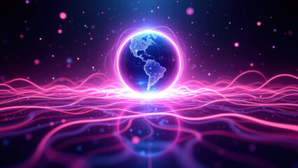 Fototapeta premium This image features a futuristic and abstract design with vibrant hues, featuring a stylized Earth at its center and dynamic energy lines surrounding it. It's ideal for high-tech or sci-fi themes.